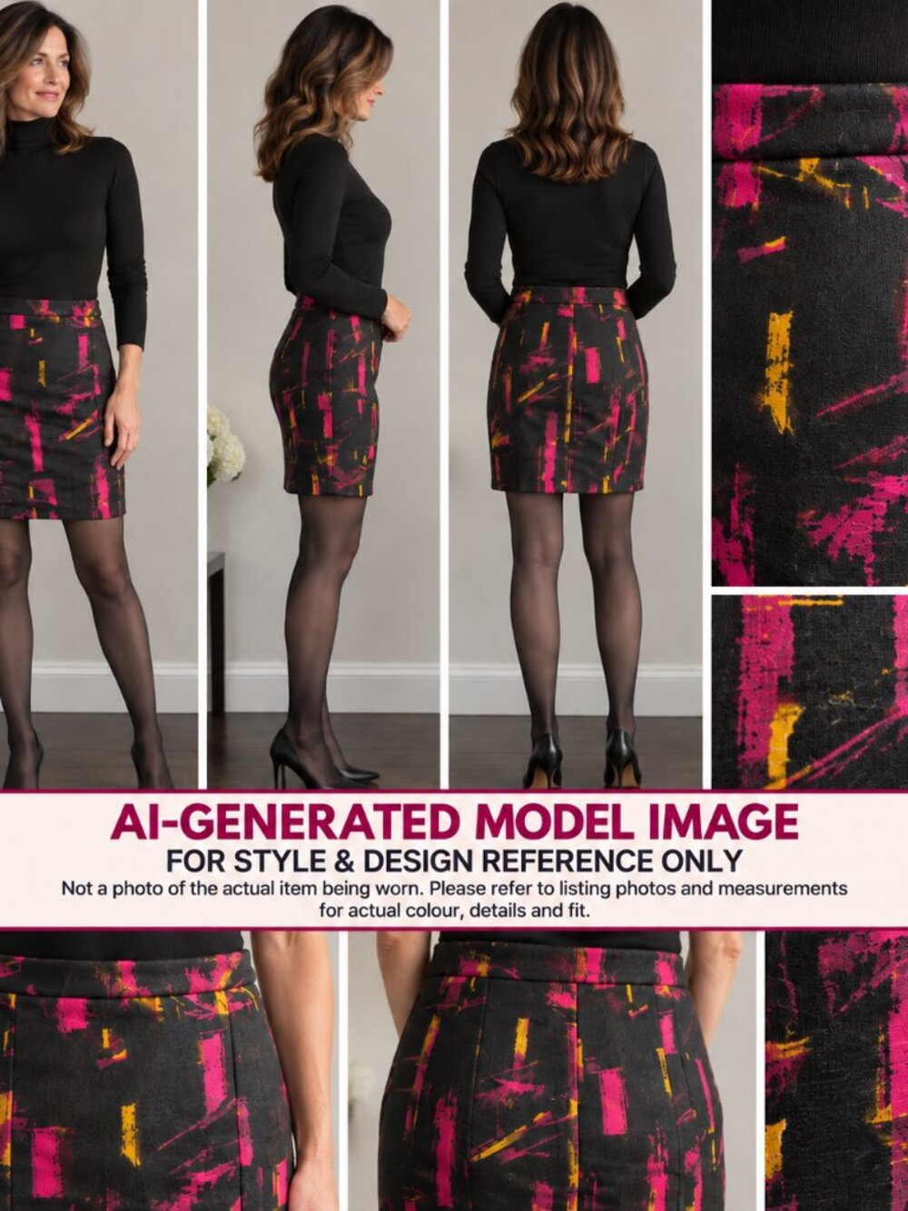 Black Jacquard Midi Skirt with Pink & Yellow Abstract Brushstrokes. NWOT